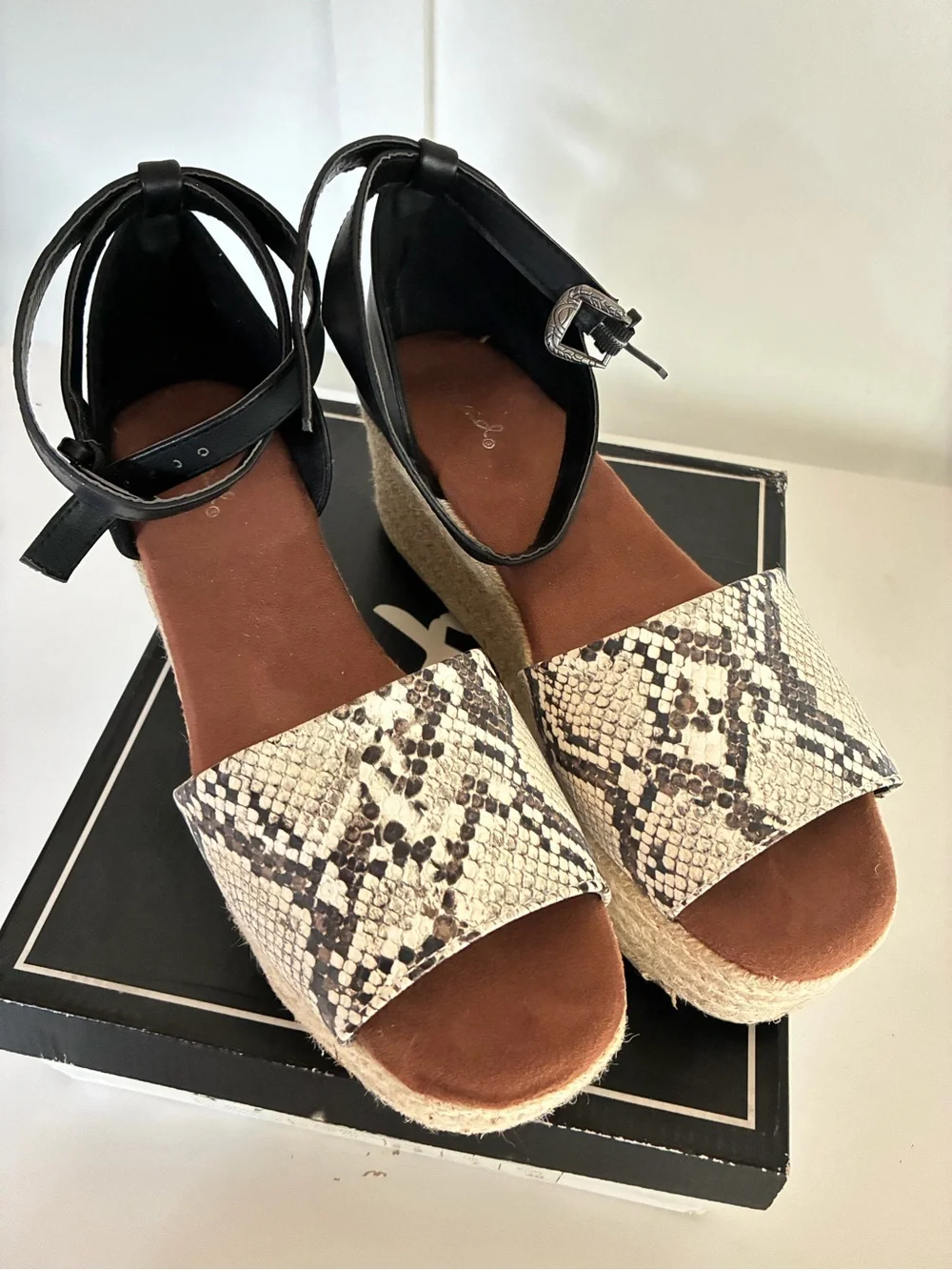 Qupid Snake-Print Espadrille Platform Sandal with Black Ankle Strap
